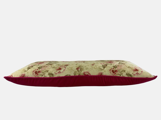 Patterned linen with reds, pinks and greens with fuchsia pink velvet image 1