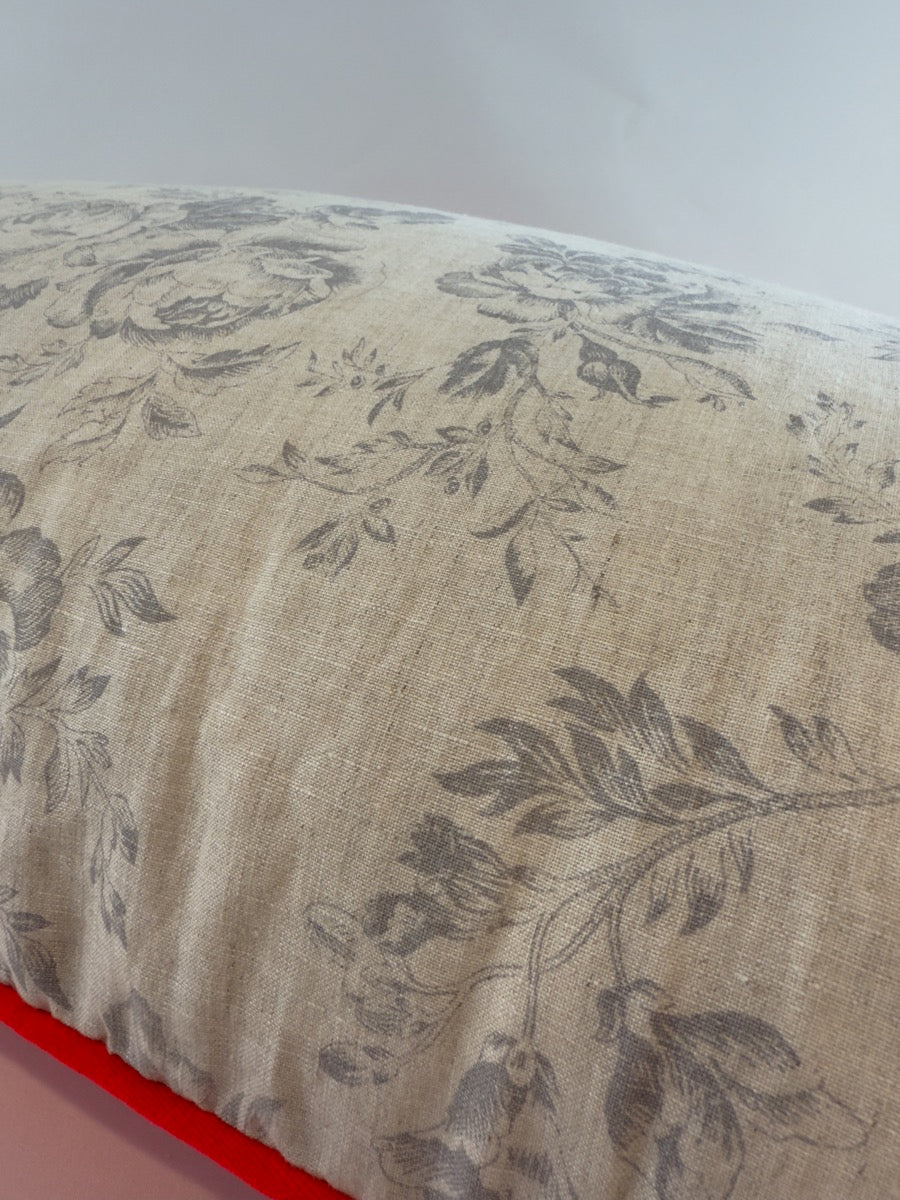 Cabbages and Roses French blue on natural linen with carmine velvet image 5