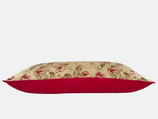 Patterned linen with reds, pinks and greens with poppy red velvet image 1