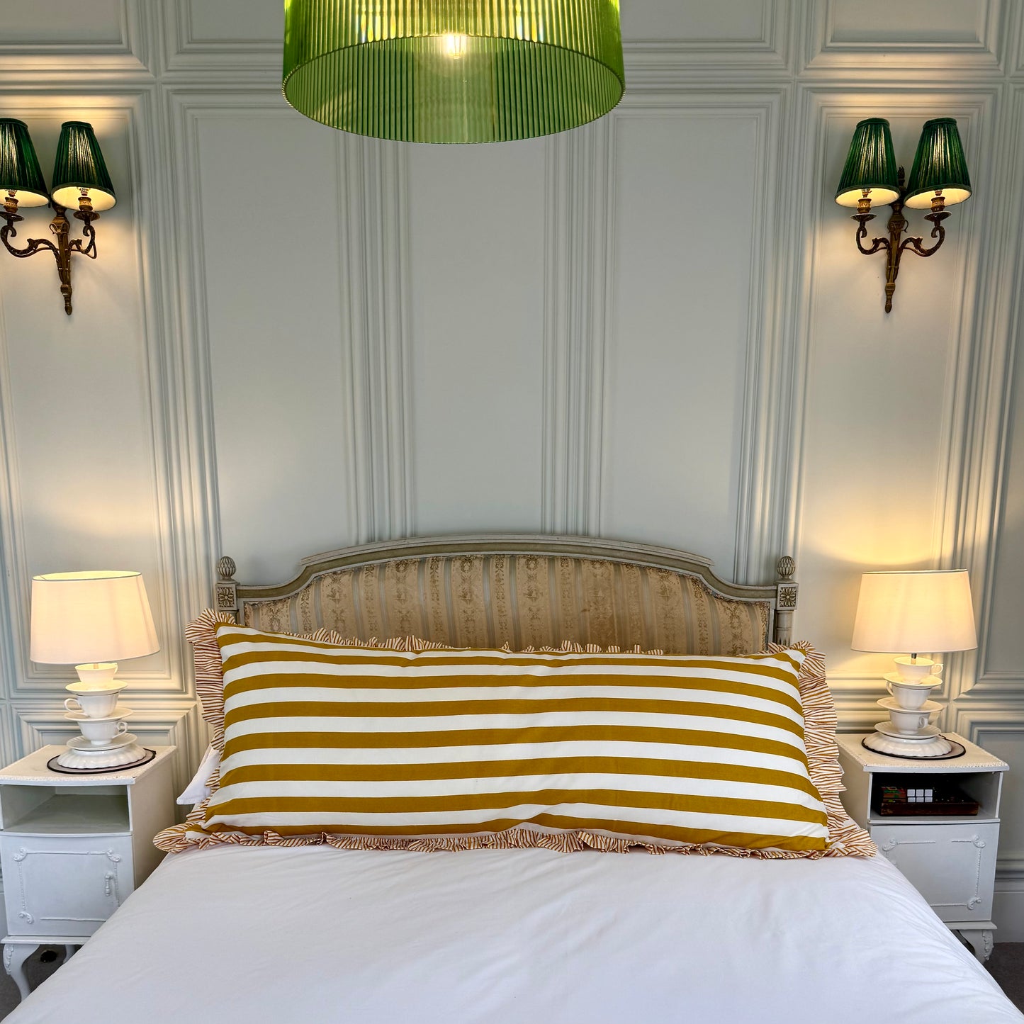 Mustard striped cotton cushion with frill