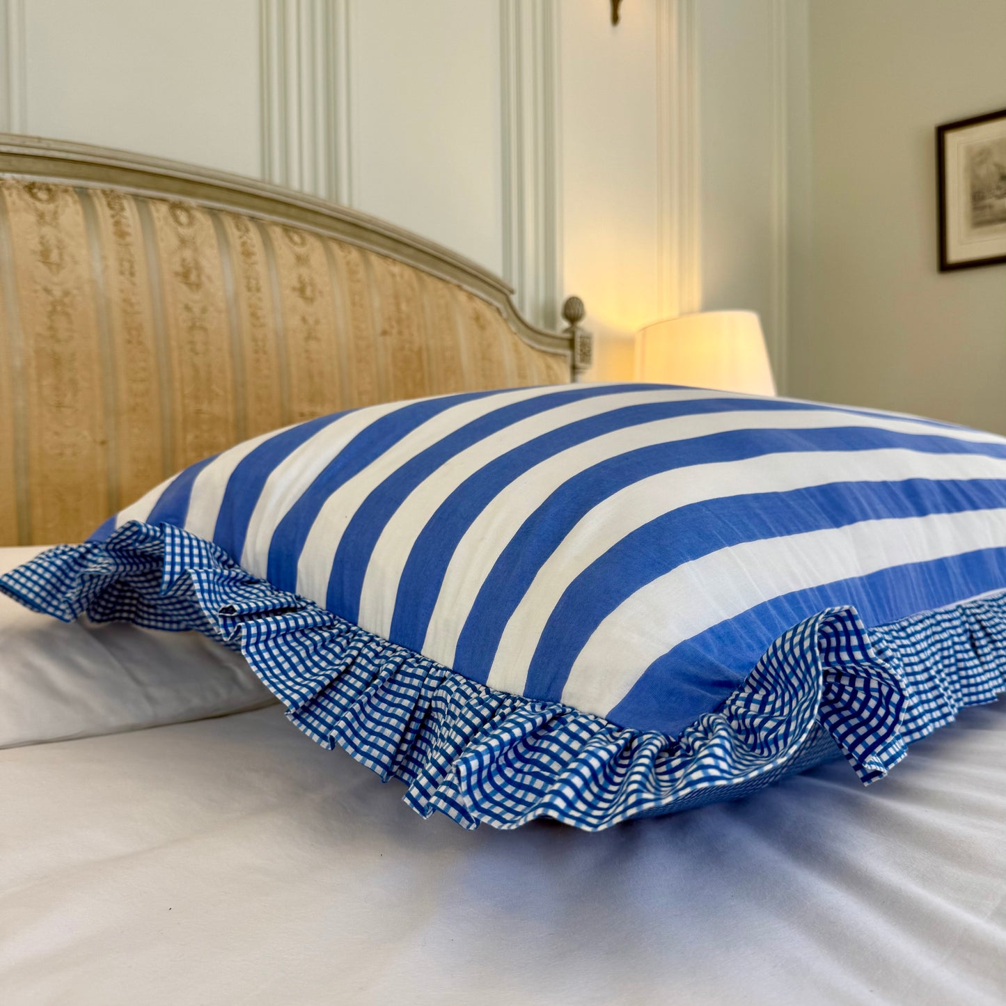 Blue striped cotton cushion with frill