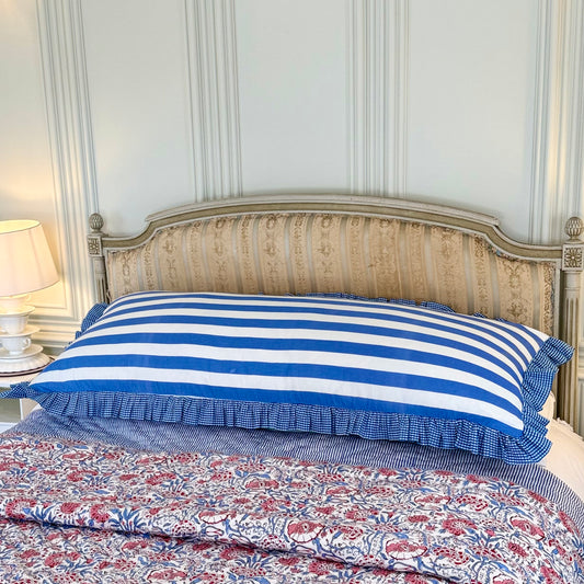 Blue striped cotton cushion with frill