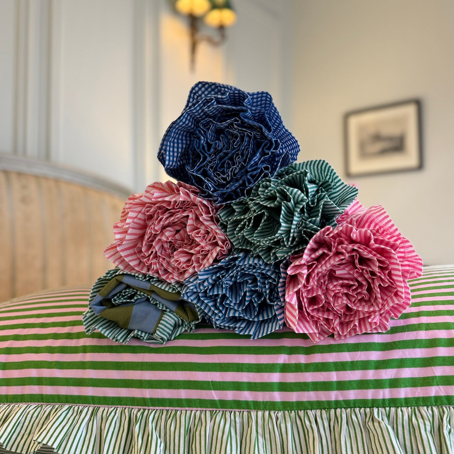Green striped cotton cushion with frill
