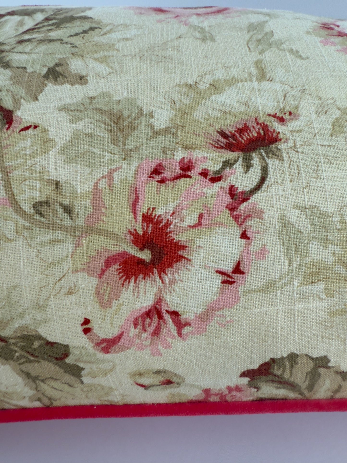Patterned linen with reds, pinks and greens with poppy red velvet image 6