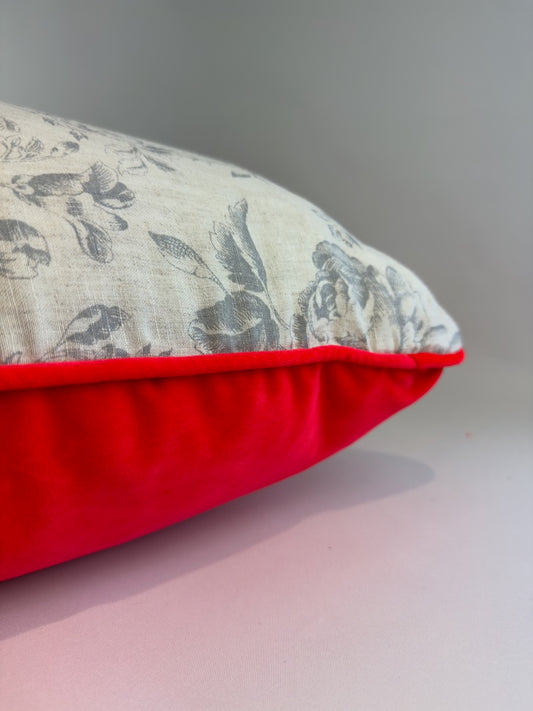 Cabbages and Roses French blue on natural linen with carmine velvet image 3
