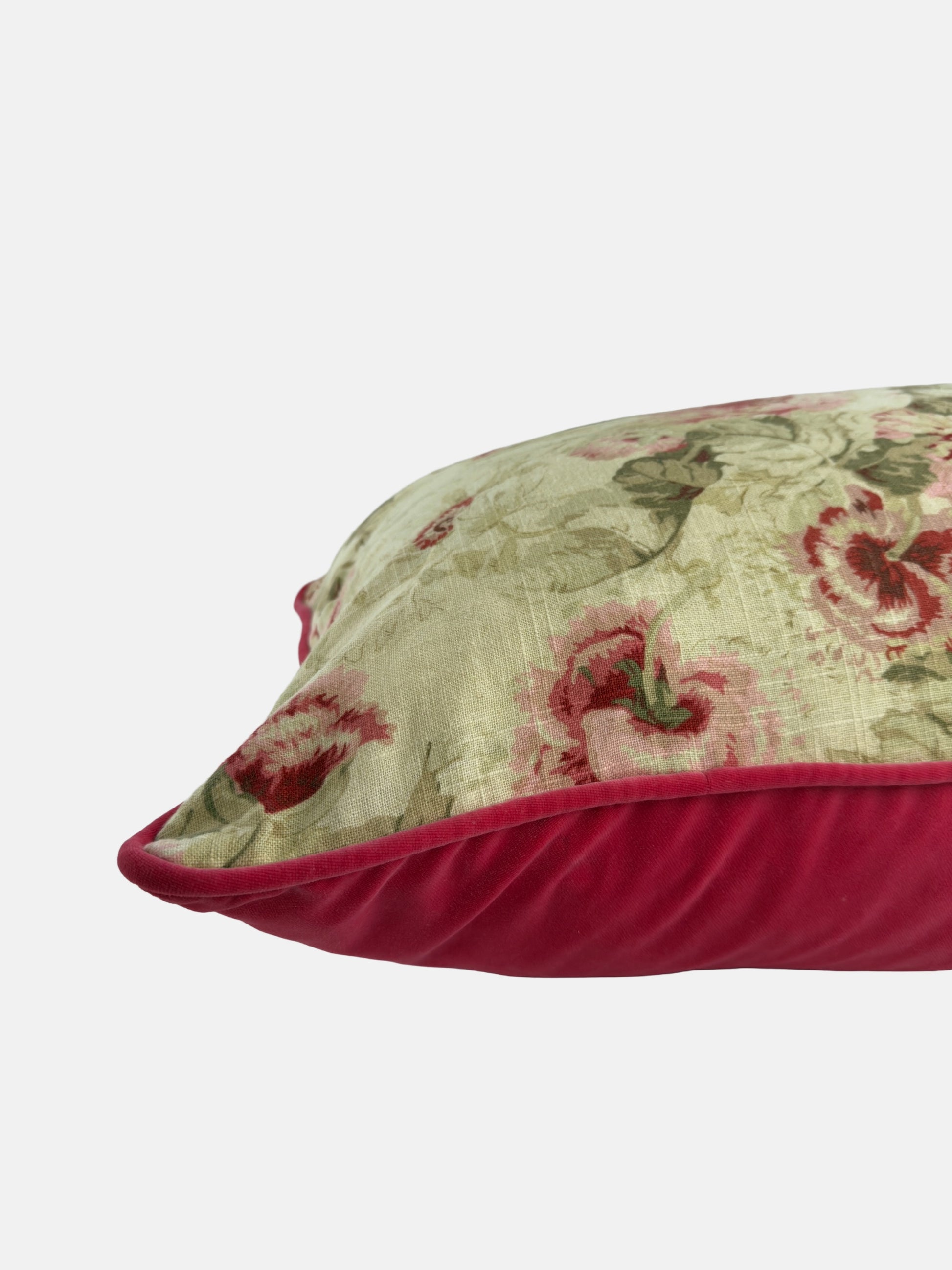 Patterned linen with reds, pinks and greens with poppy red velvet image 4