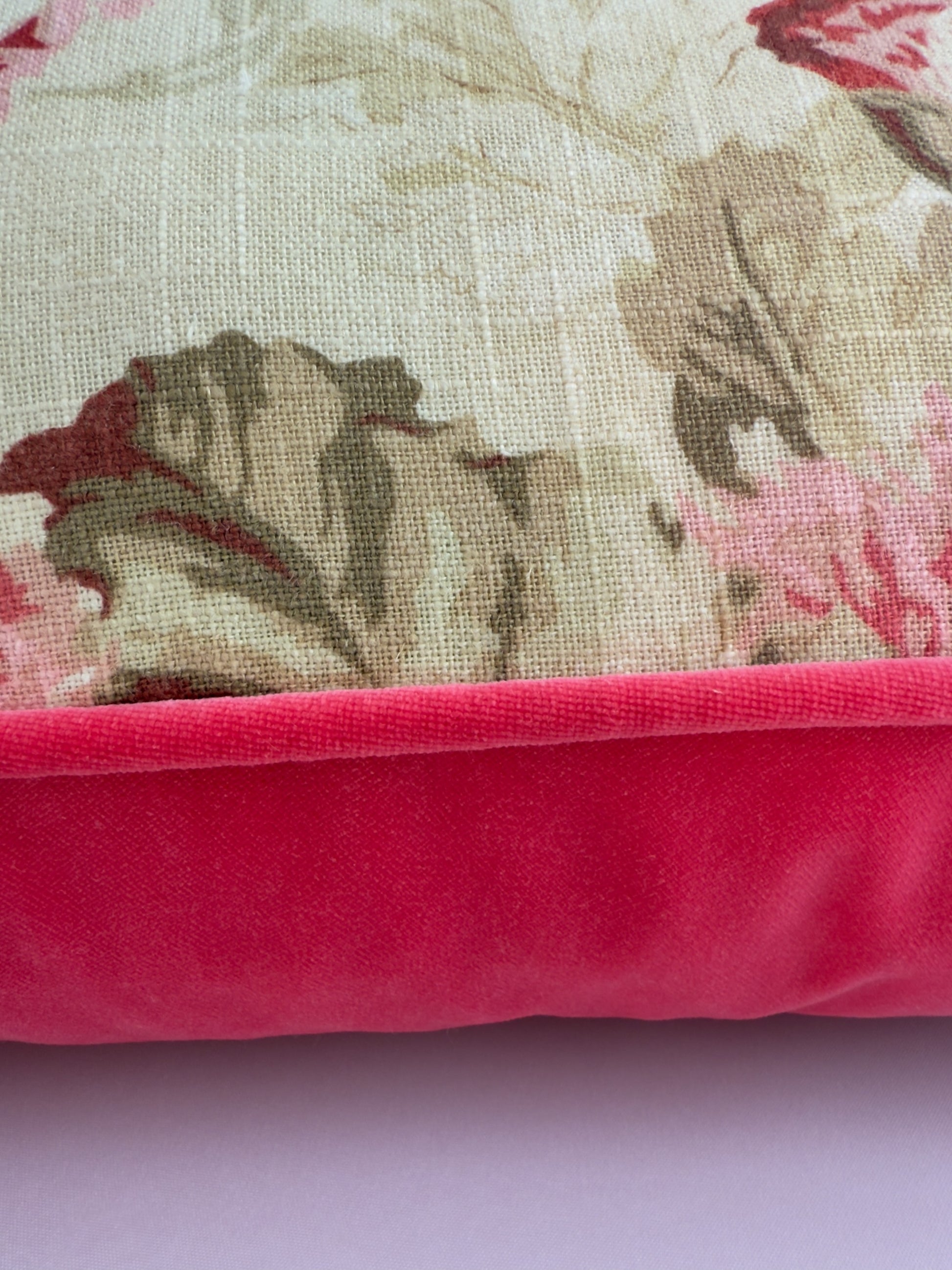 Patterned linen with reds, pinks and greens with sherbet pink velvet image 2