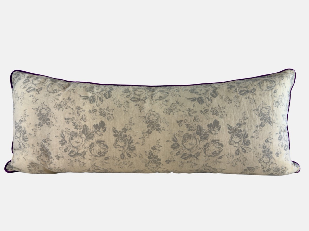 Cabbages and Roses French blue on natural linen with violet velvet image 0