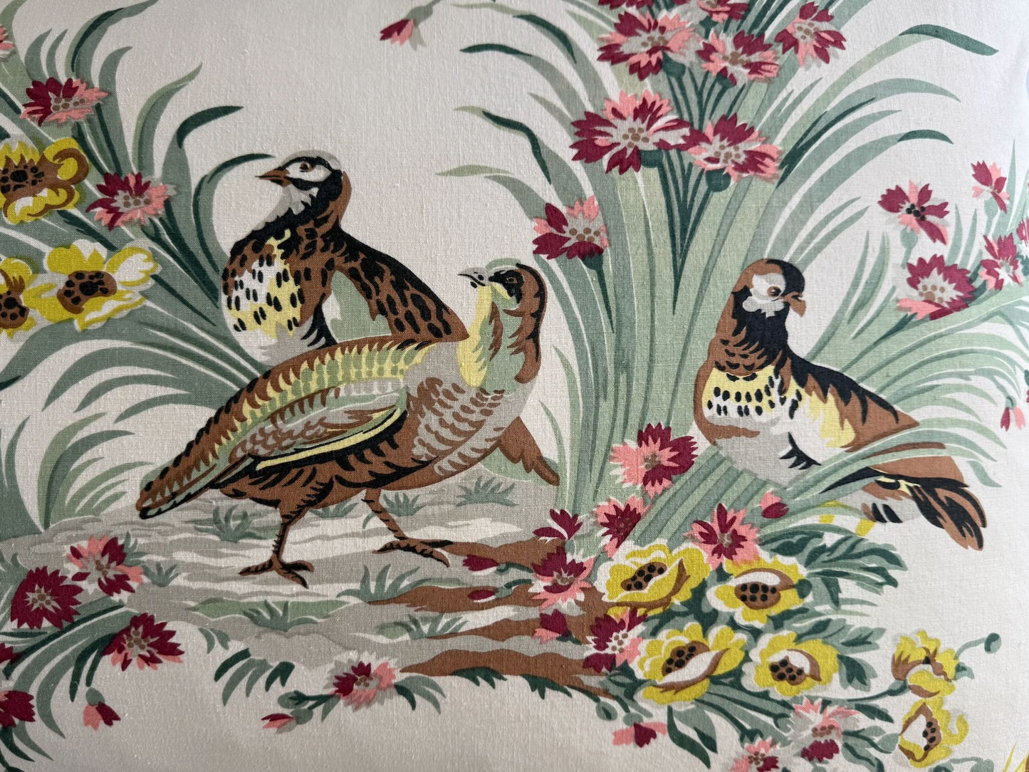 Partridges and plant print  with a deep pink velvet back image 8