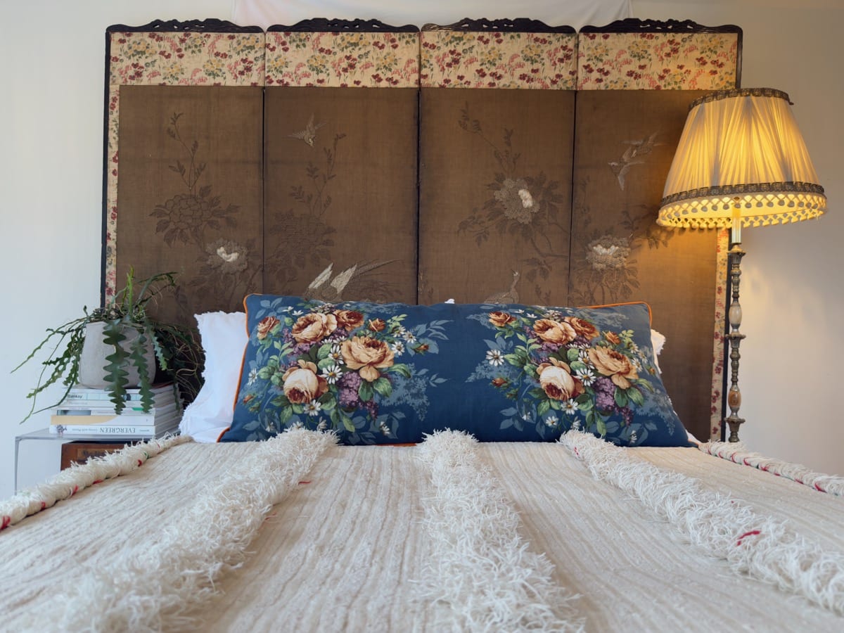 Vintage blue floral print with orange velvet back image 1