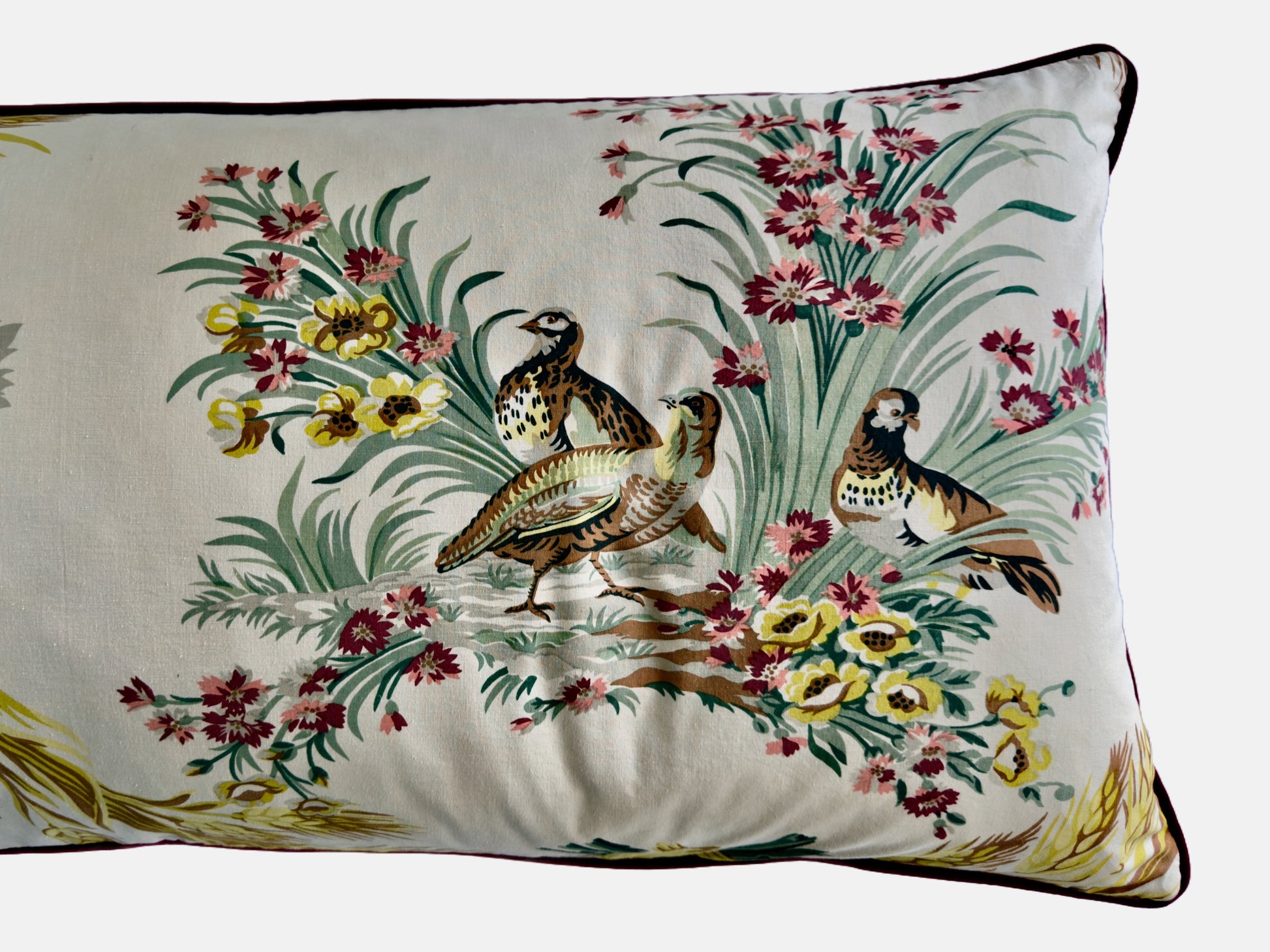Partridges and plant print  with a deep pink velvet back image 5