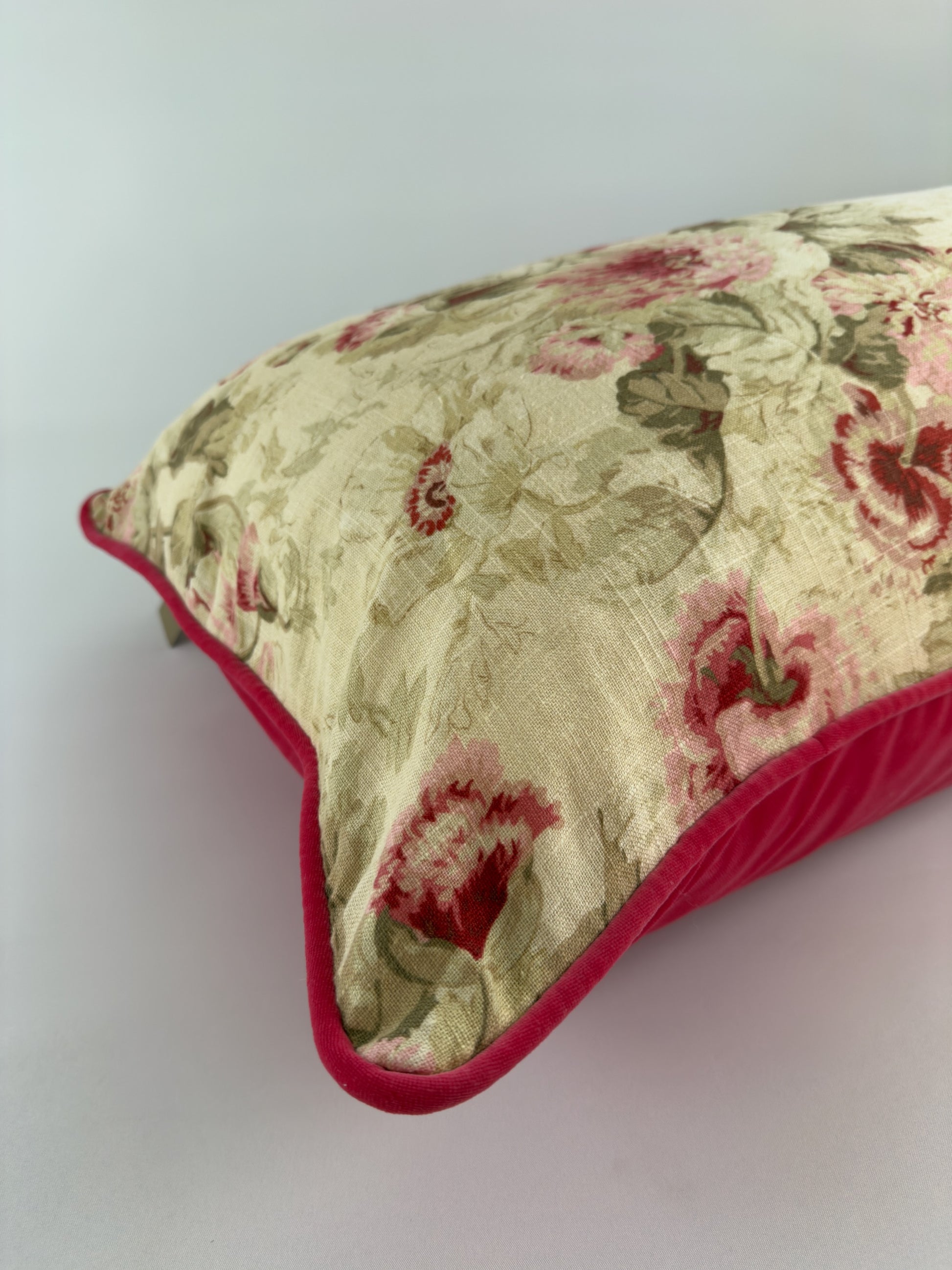 Patterned linen with reds, pinks and greens with sherbet pink velvet image 8