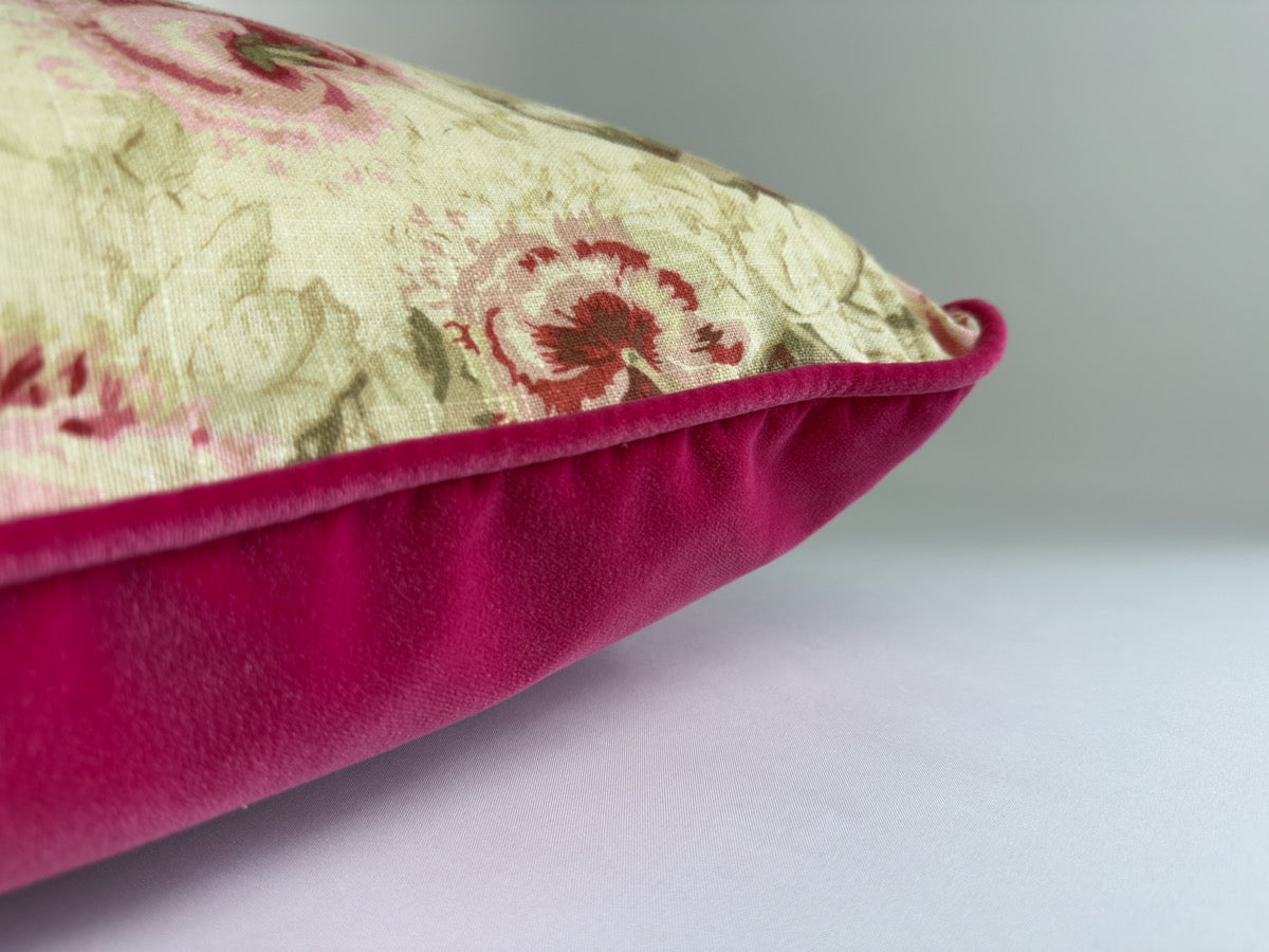 Patterned linen with reds, pinks and greens with fuchsia pink velvet image 5