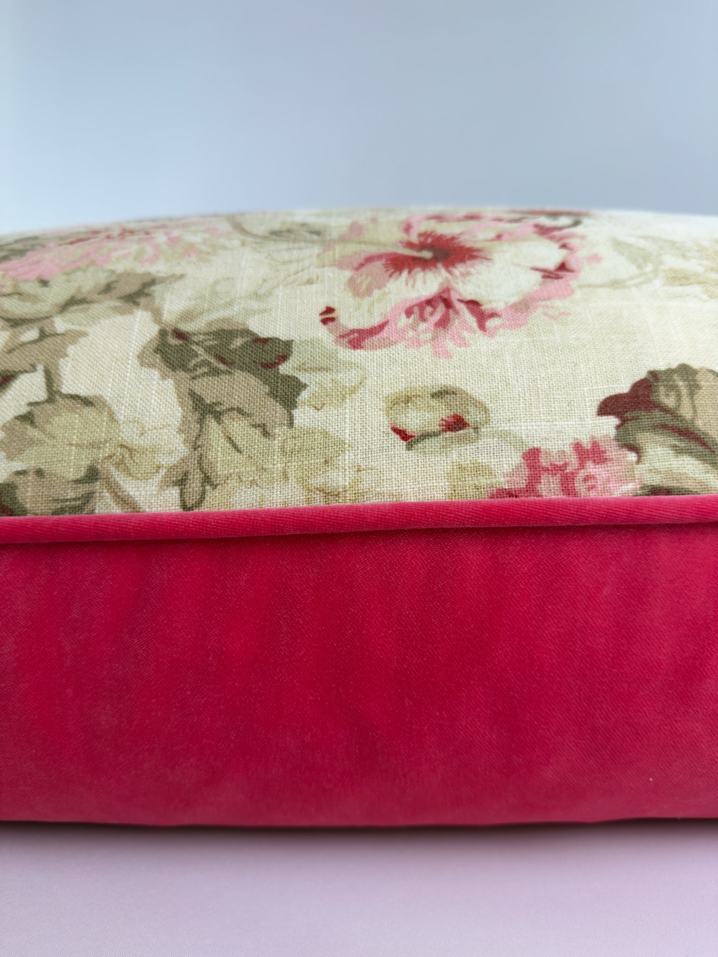 Patterned linen with reds, pinks and greens with poppy red velvet image 5