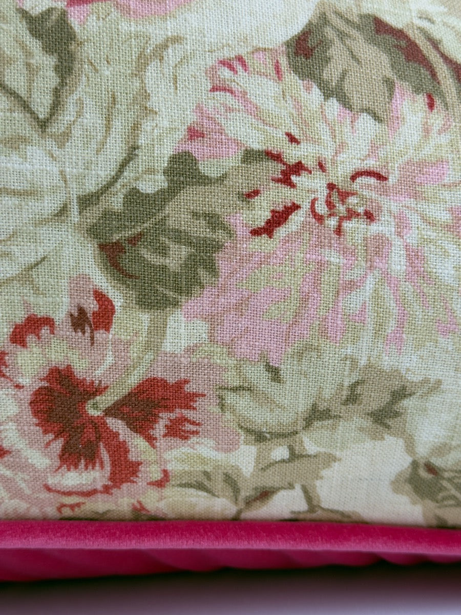 Patterned linen with reds, pinks and greens with fuchsia pink velvet image 4