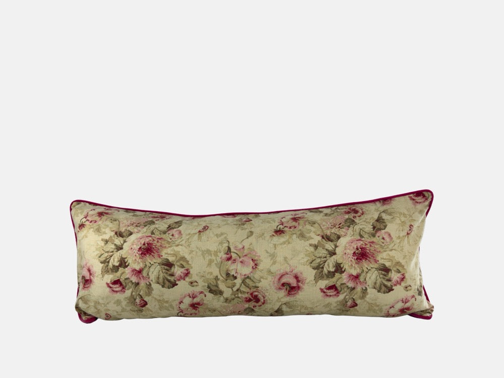 Patterned linen with reds, pinks and greens with sherbet pink velvet image 0