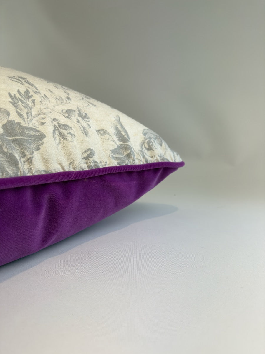 Cabbages and Roses French blue on natural linen with violet velvet image 2