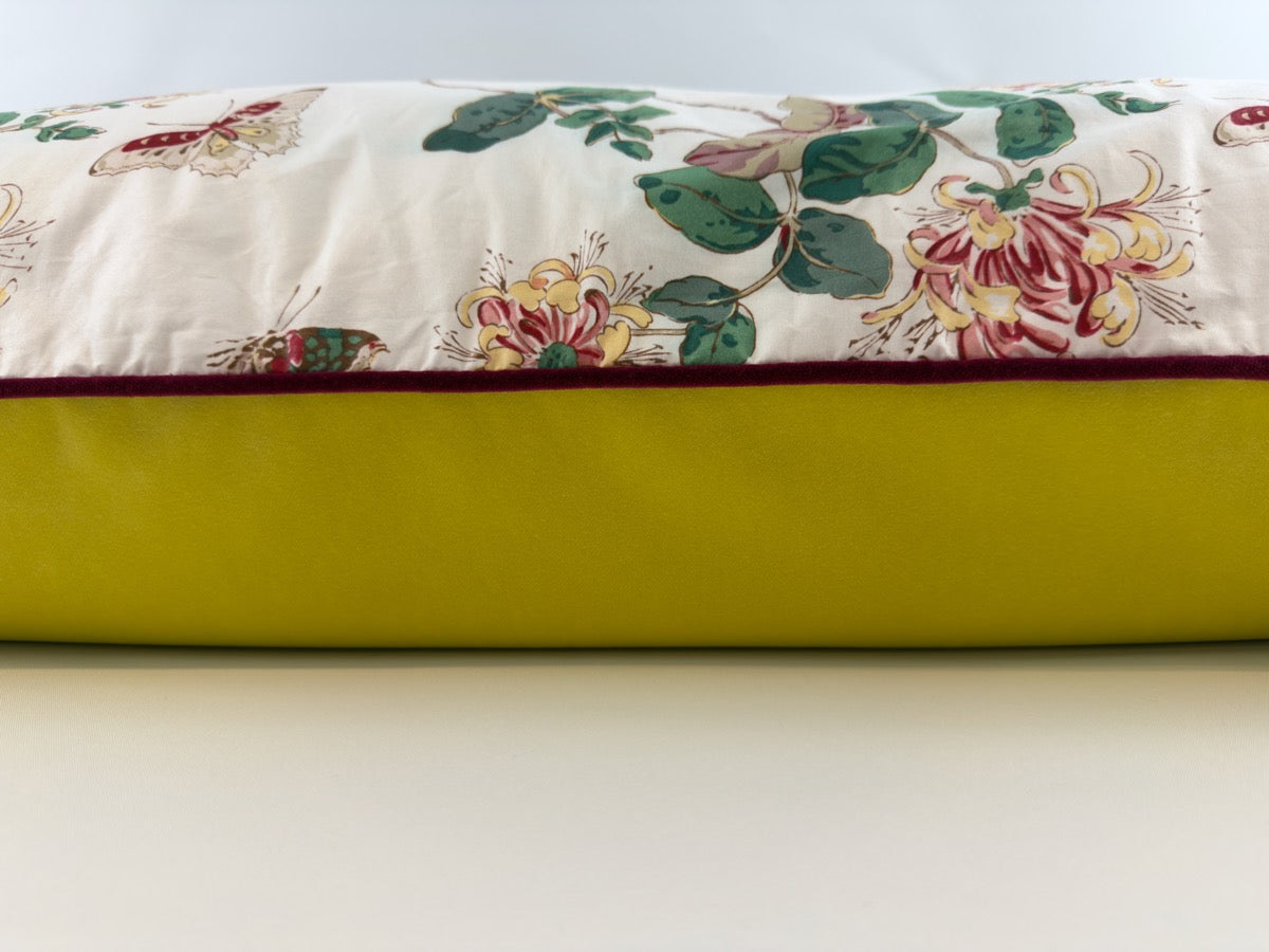 Honeysuckle & butterflies with acid yellow velvet back and wine piping image 5