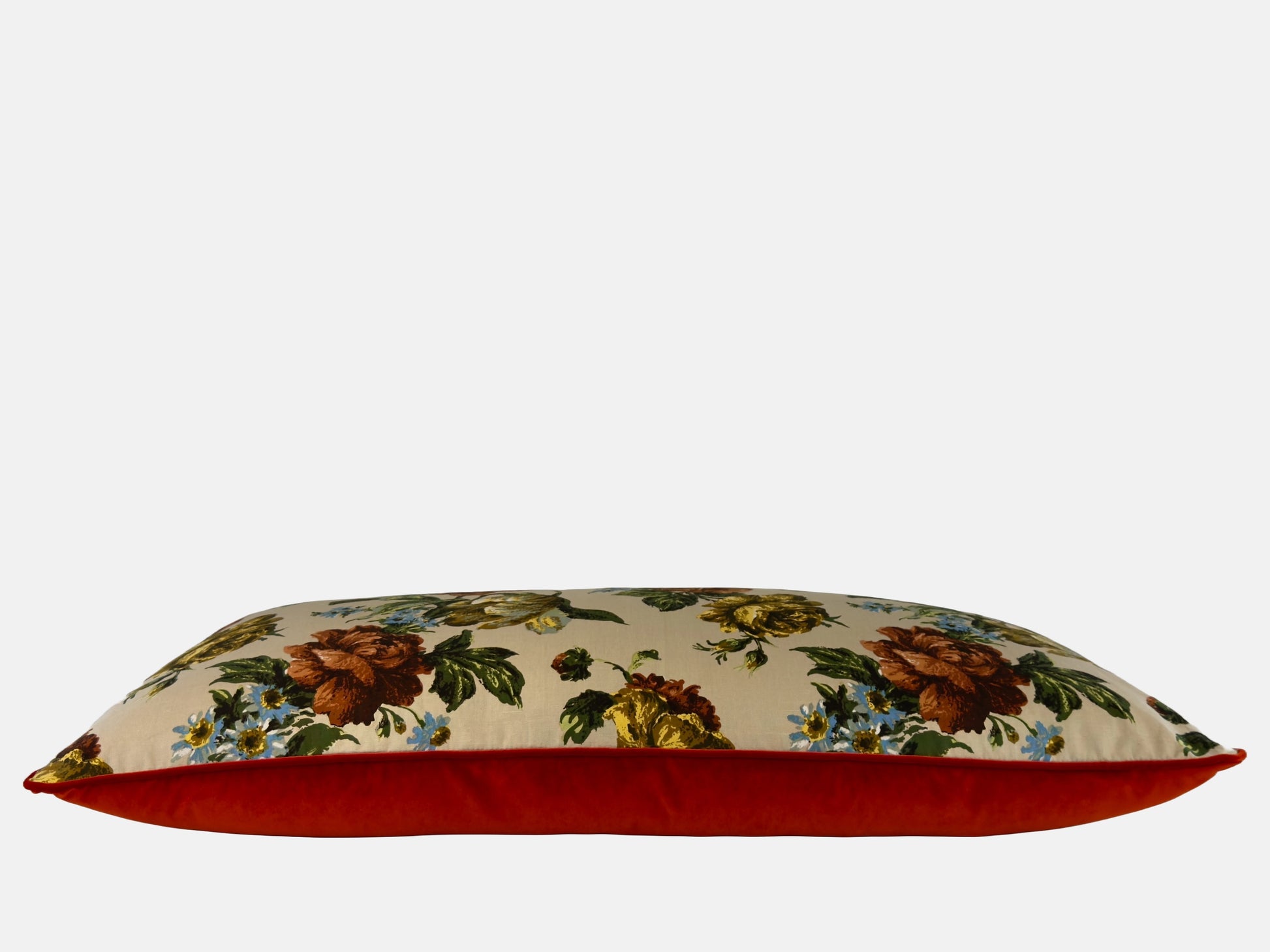 Floral cotton fabric and dark orange velvet back image 1