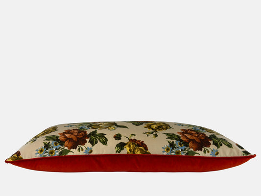 Floral cotton fabric and dark orange velvet back image 1