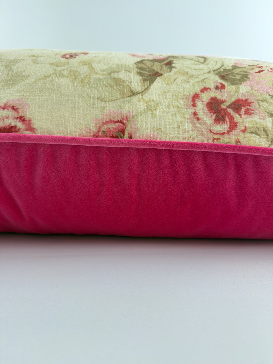 Patterned linen with reds, pinks and greens with fuchsia pink velvet image 3