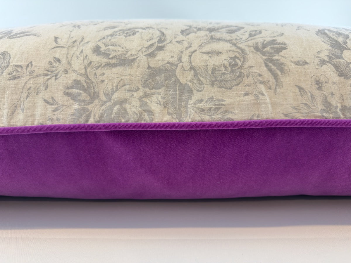 Cabbages and Roses French blue on natural linen with violet velvet image 5