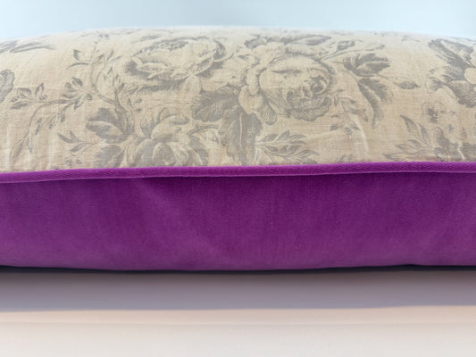 Cabbages and Roses French blue on natural linen with violet velvet image 5
