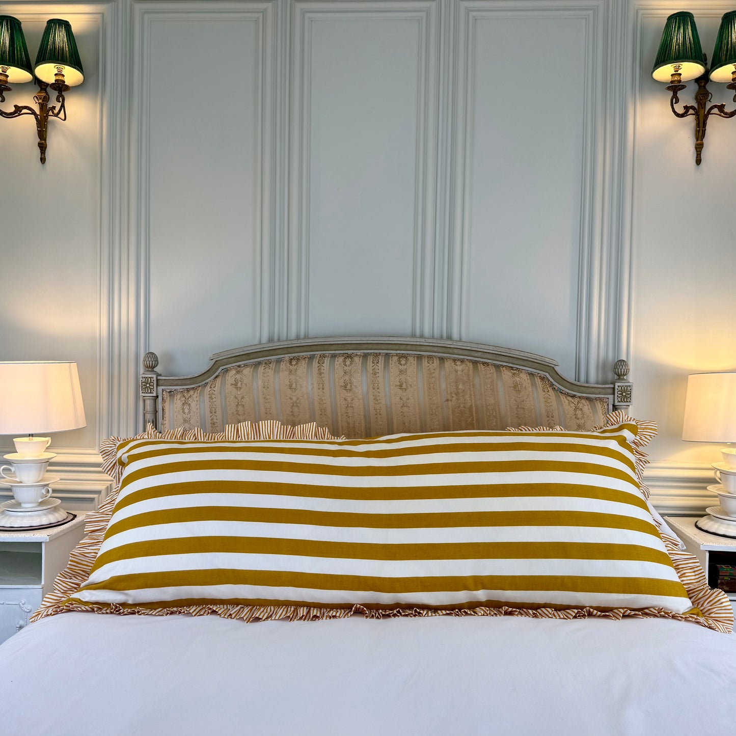 Mustard striped cotton cushion with frill