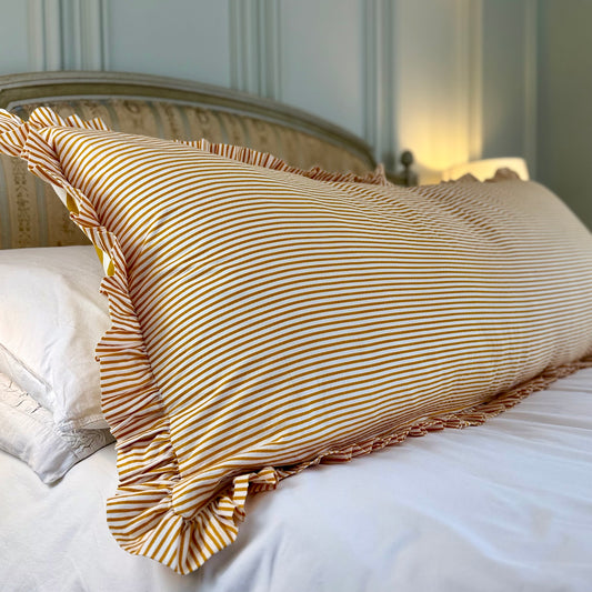 Mustard striped cotton cushion with frill