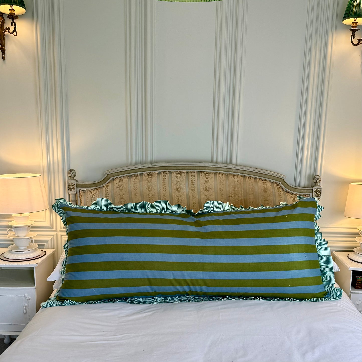 Striped cotton cushion with frill