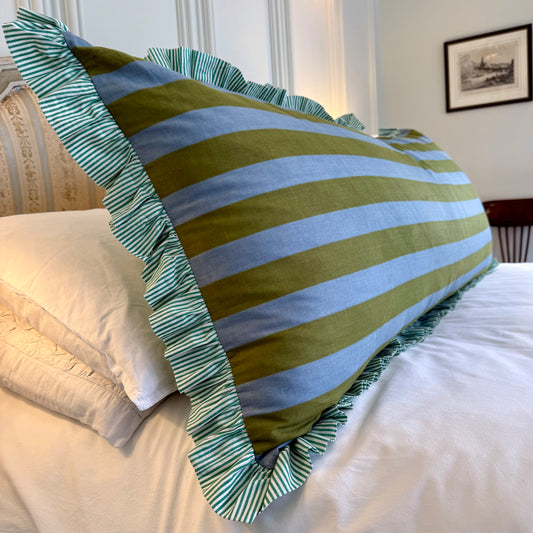 Striped cotton cushion with frill
