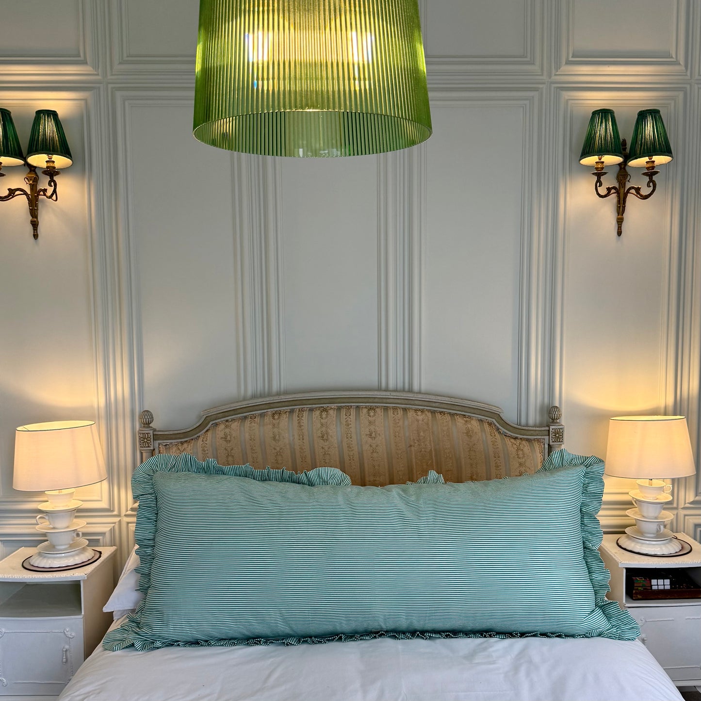 Striped cotton cushion with frill