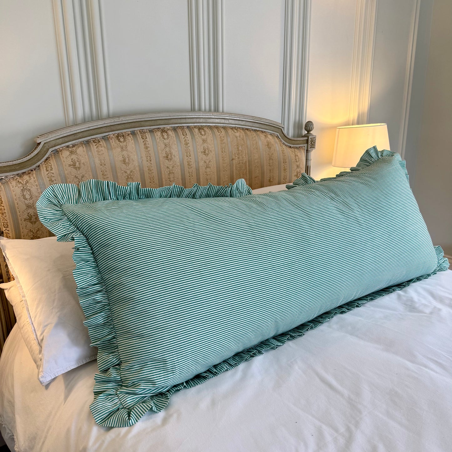 Striped cotton cushion with frill