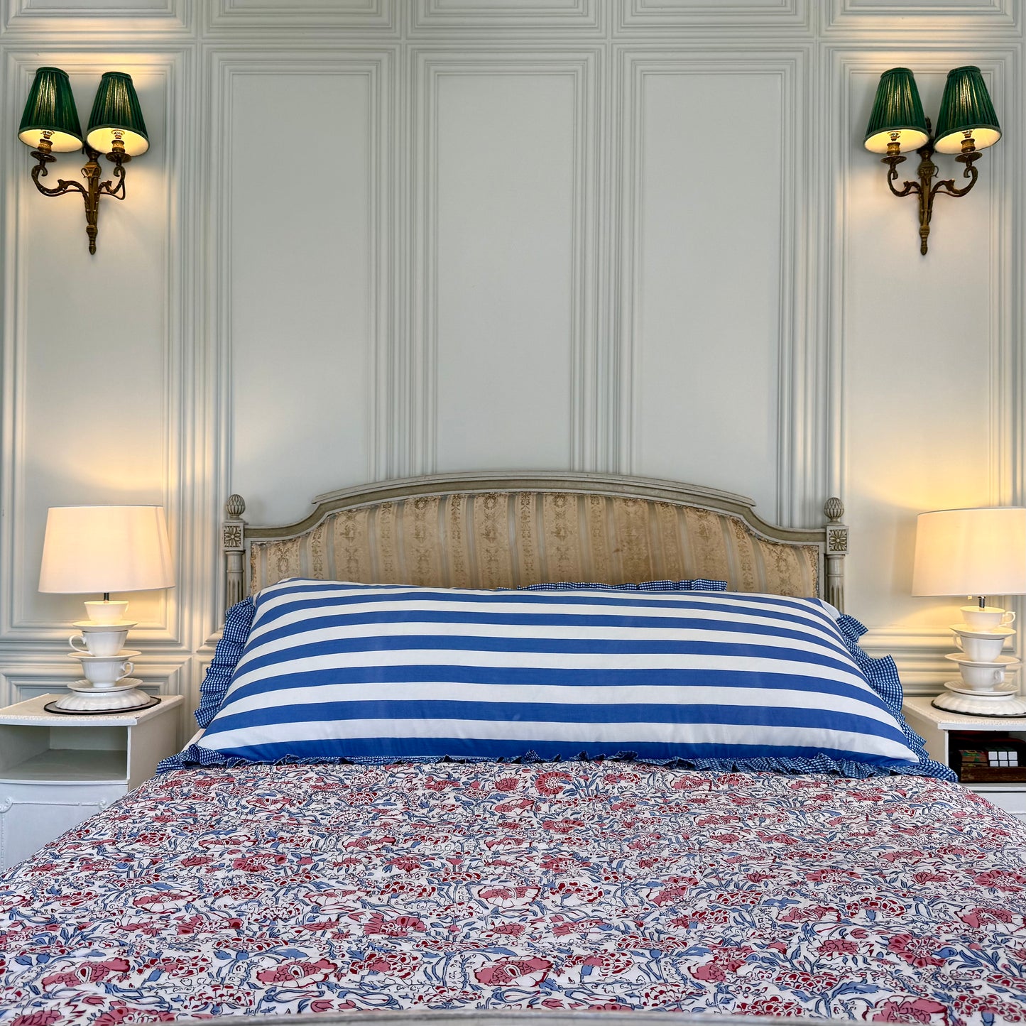 Blue striped cotton cushion with frill