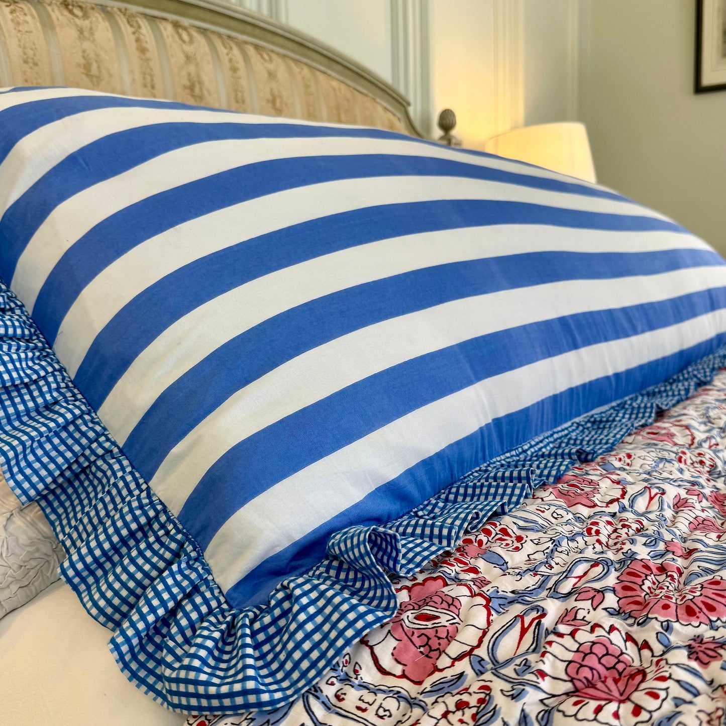 Blue striped cotton cushion with frill