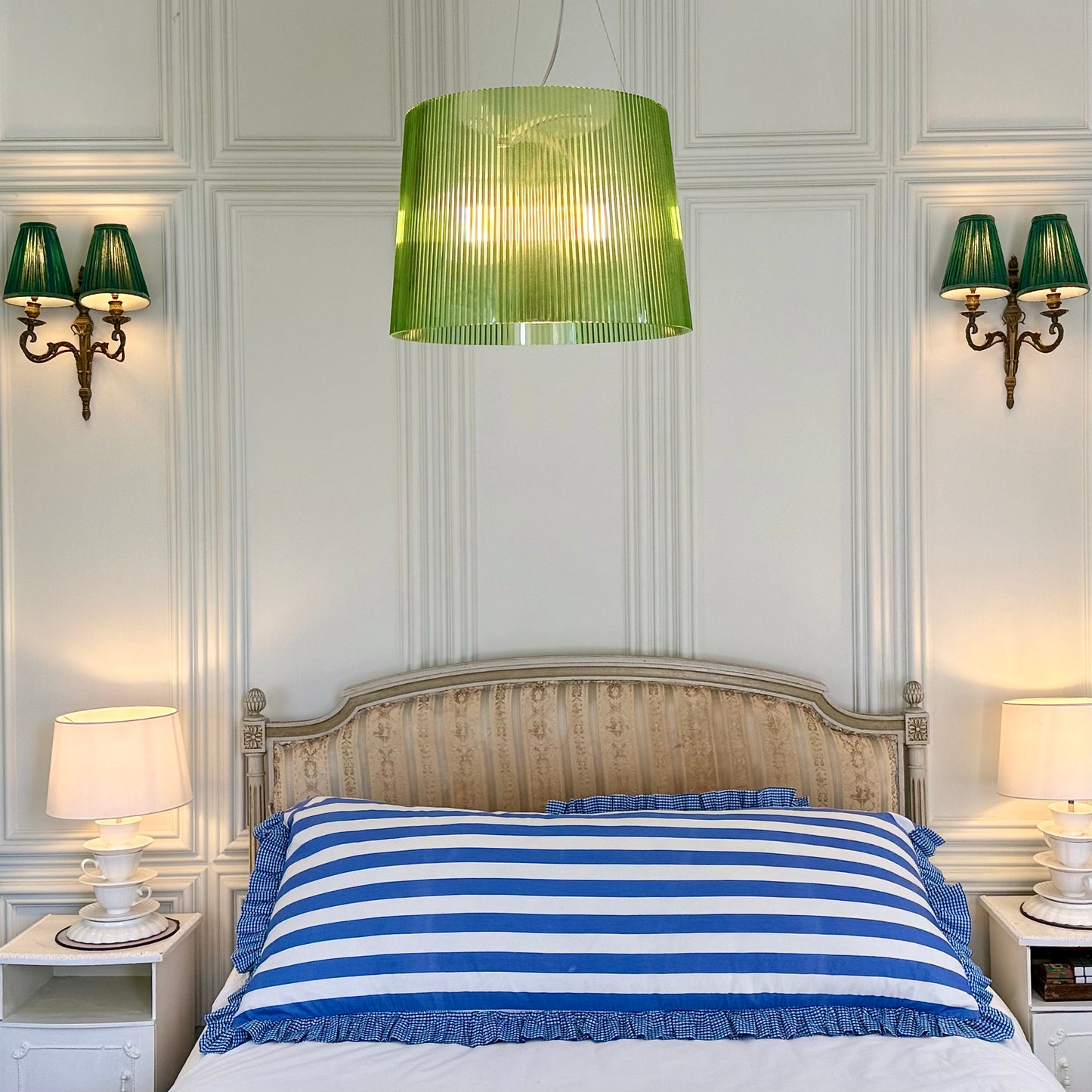 Blue striped cotton cushion with frill