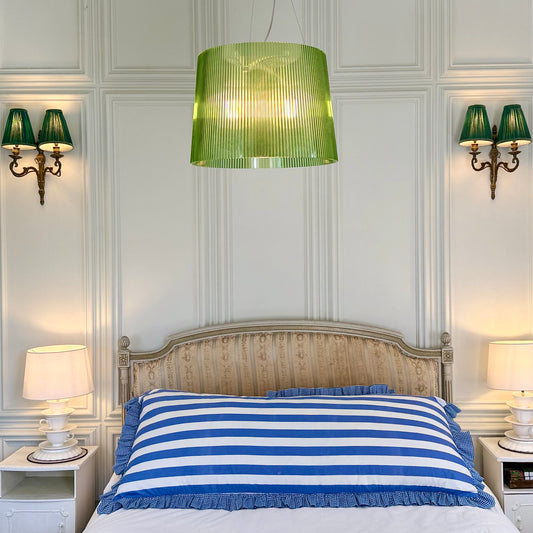 Blue striped cotton cushion with frill