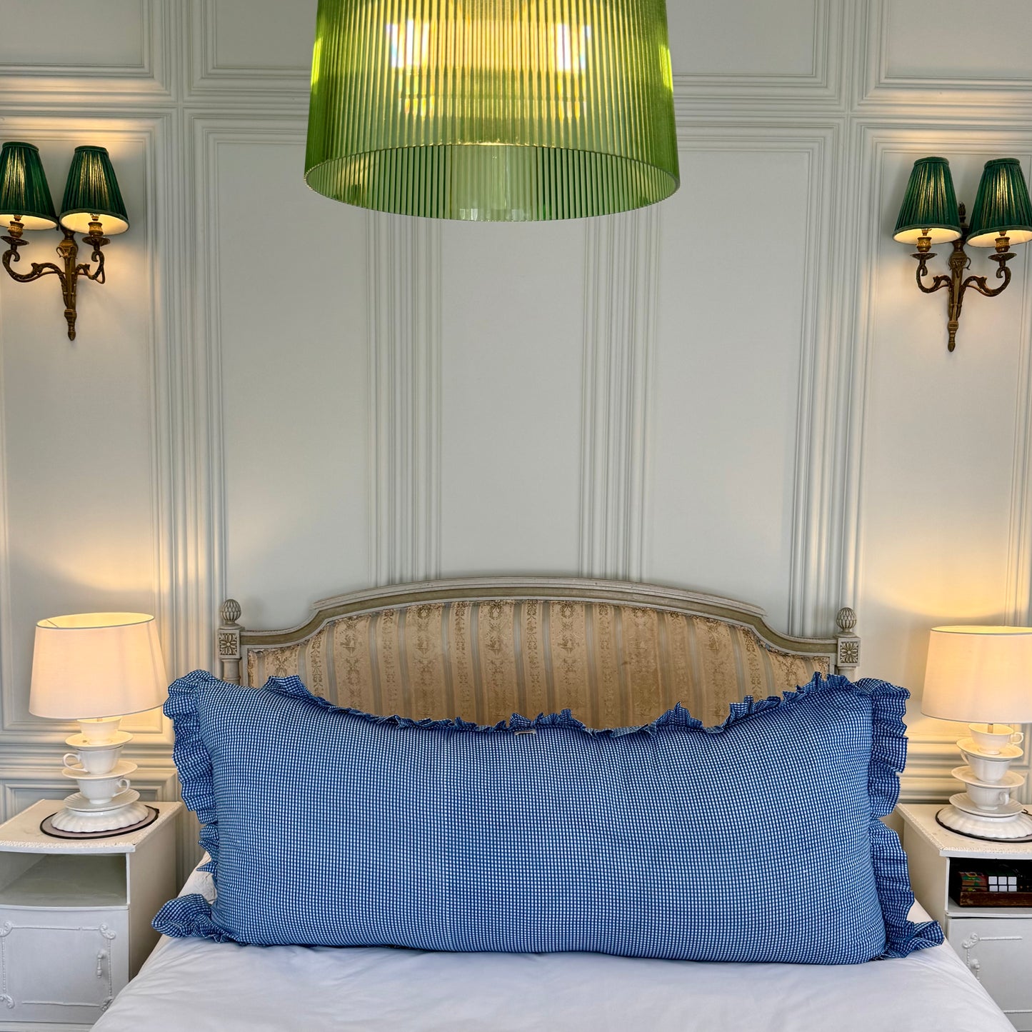 Blue striped cotton cushion with frill