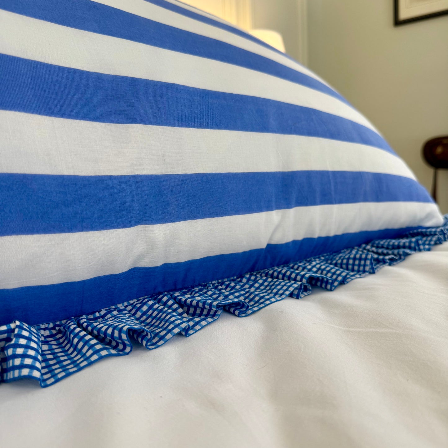 Blue striped cotton cushion with frill