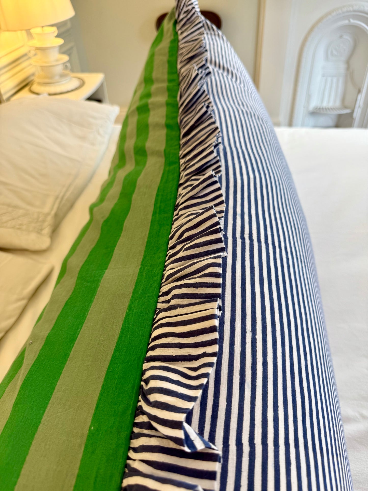 Green striped cotton cushion with frill