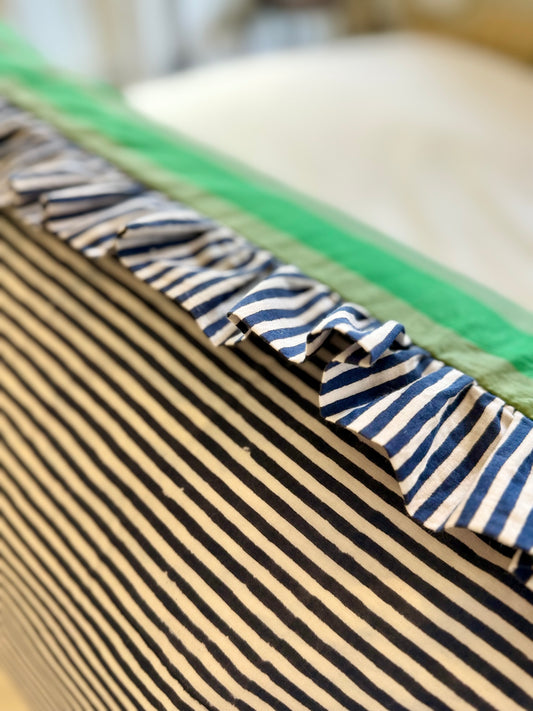 Green striped cotton cushion with frill