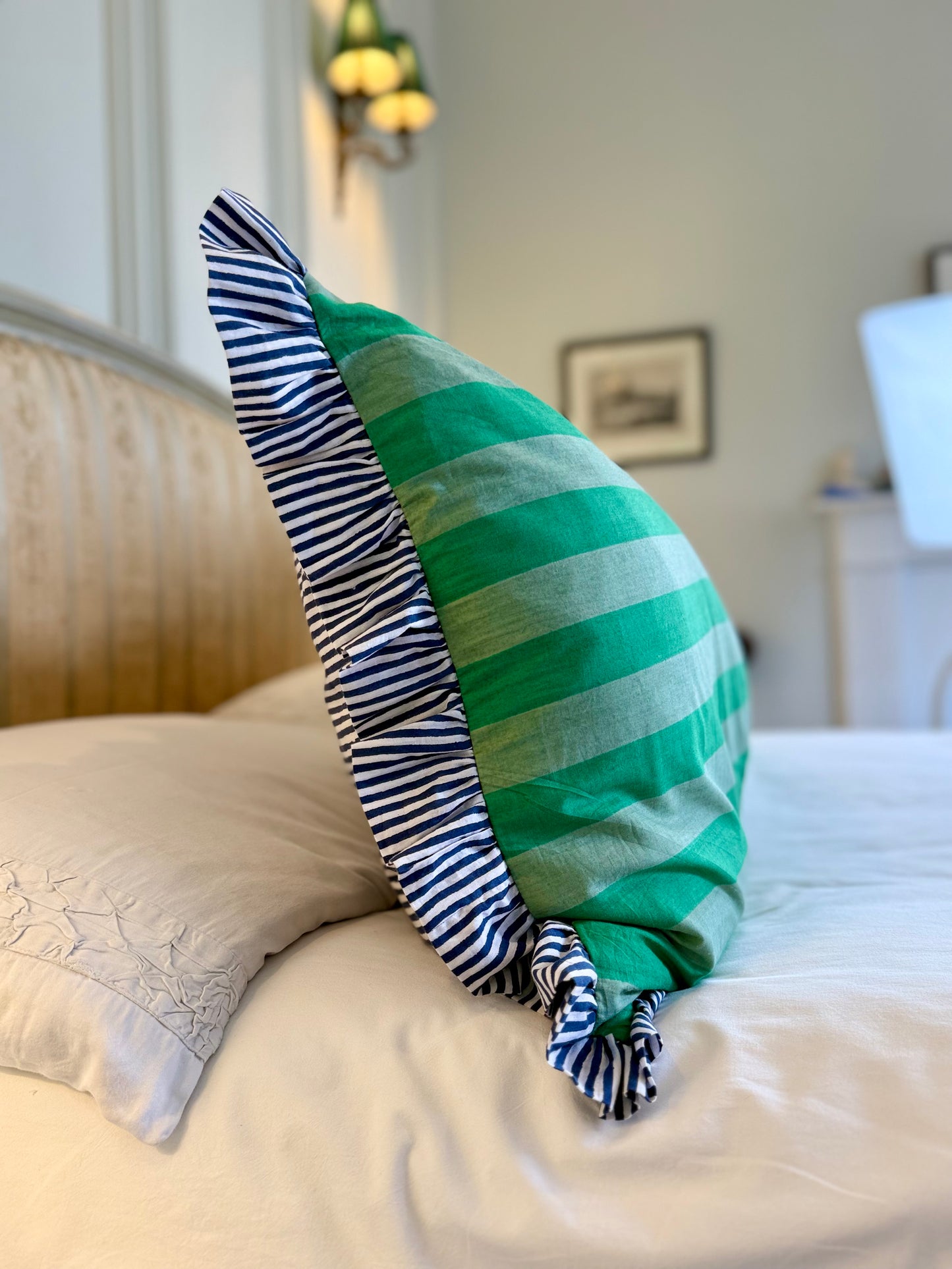 Green striped cotton cushion with frill
