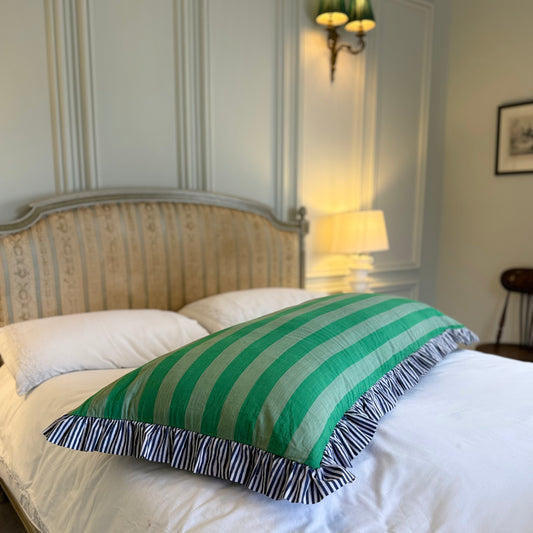 Green striped cotton cushion with frill