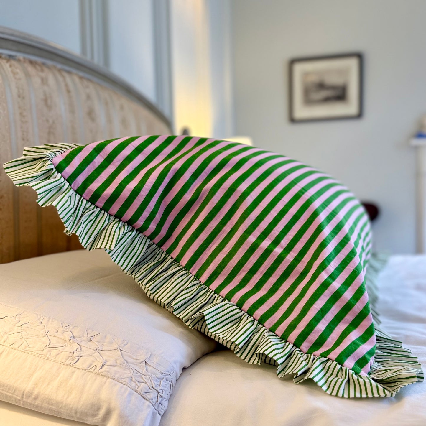 Pink and green striped cotton cushion with frill
