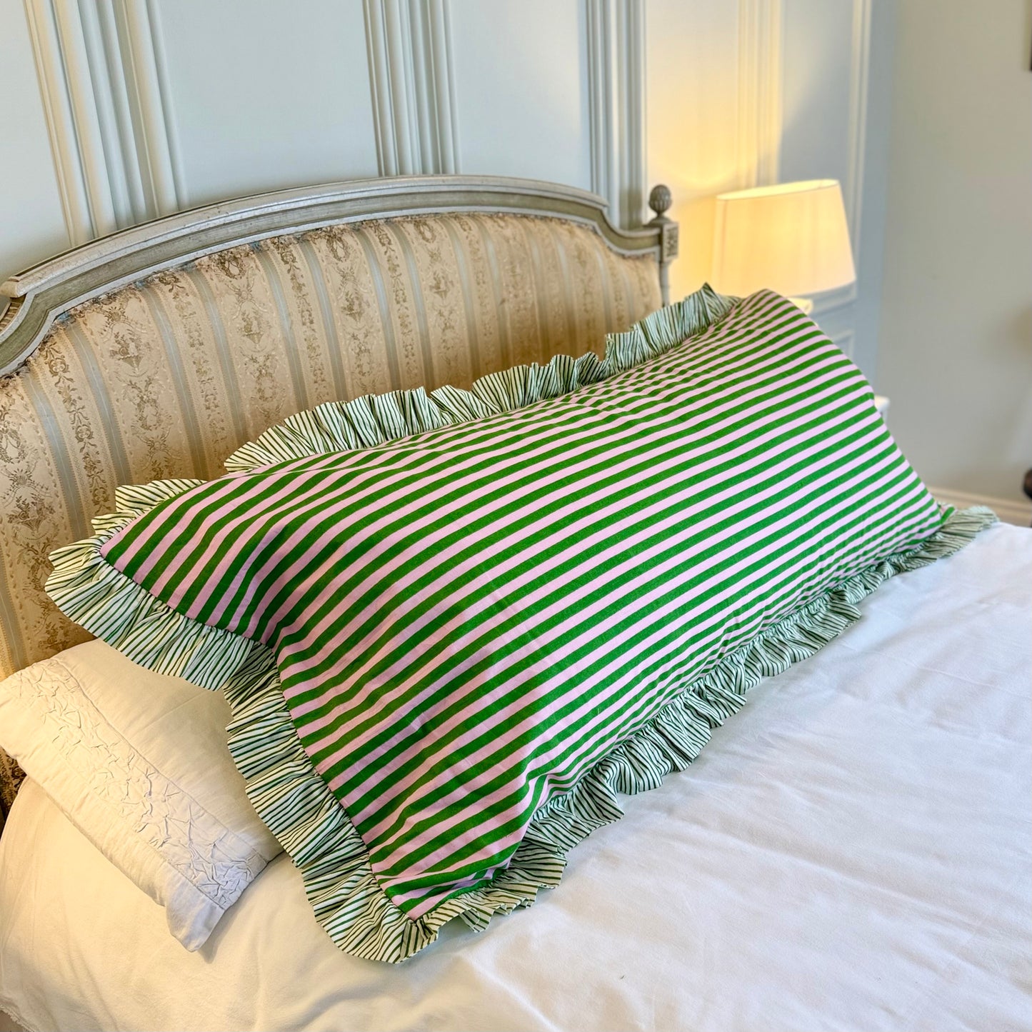 Pink and green striped cotton cushion with frill