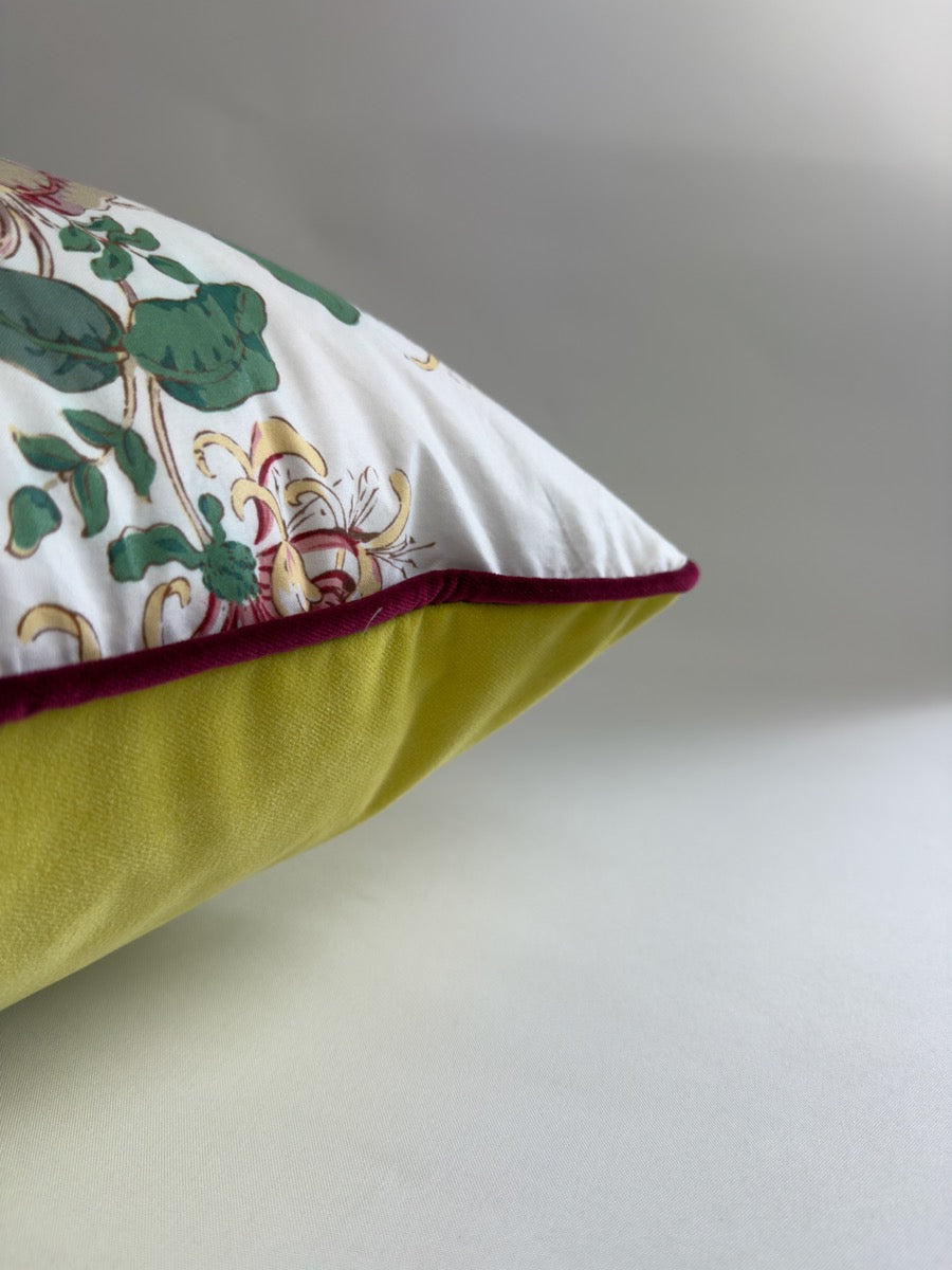 Honeysuckle & butterflies with acid yellow velvet back and wine piping image 2