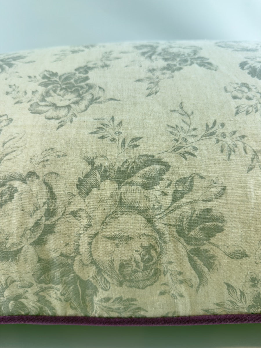 Cabbages and Roses French blue on natural linen with violet velvet image 3