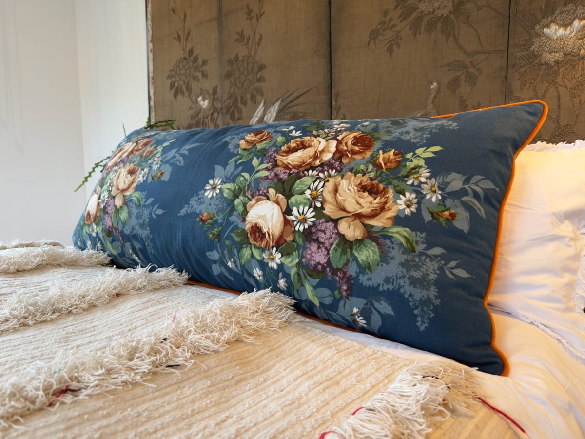 Vintage blue floral print with orange velvet back image 0