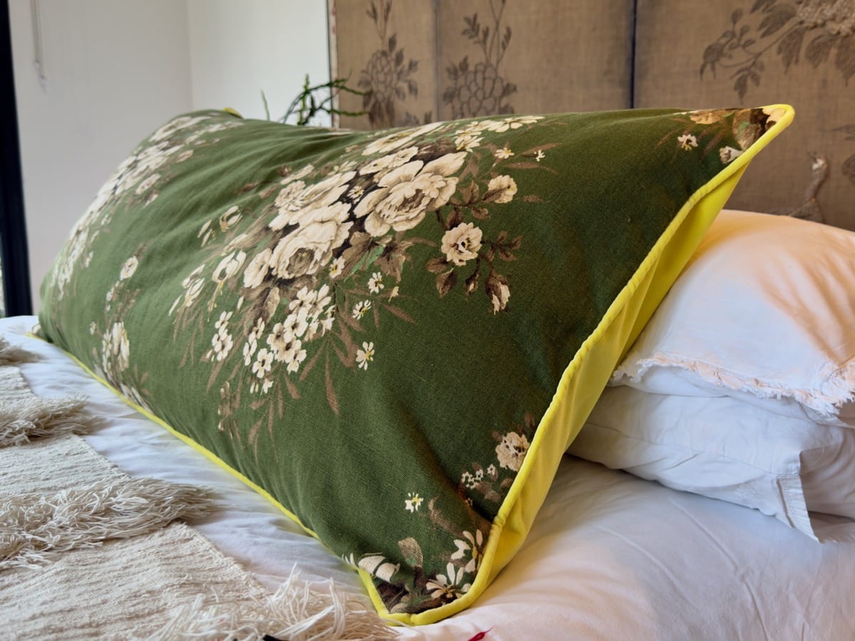 Vintage green floral linen with acid yellow velvet back image 0