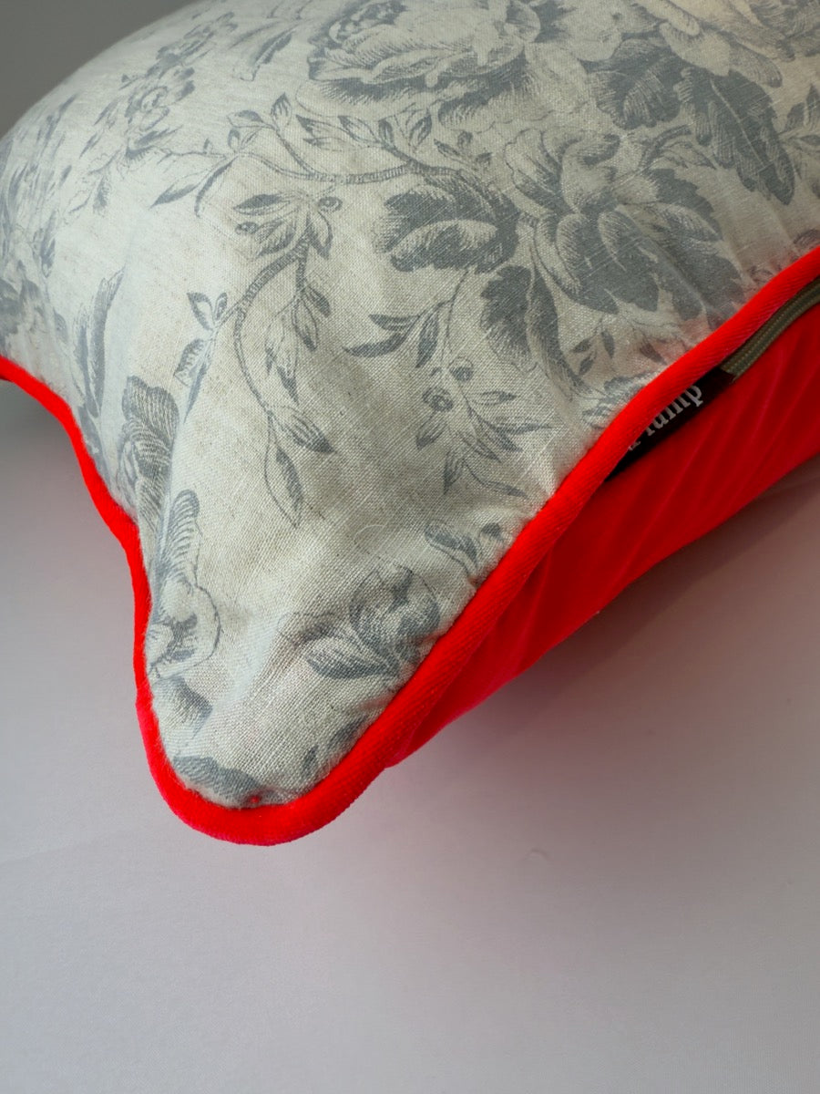 Cabbages and Roses French blue on natural linen with carmine velvet image 2
